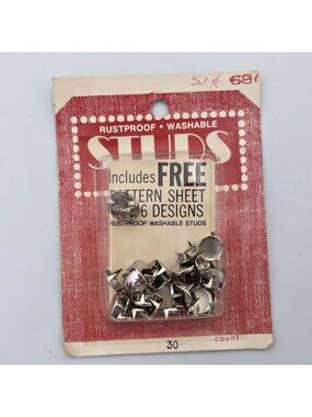 Rustproof Washable Silver Metal Studs Free Pattern Sheet 30-Count Vintage USA